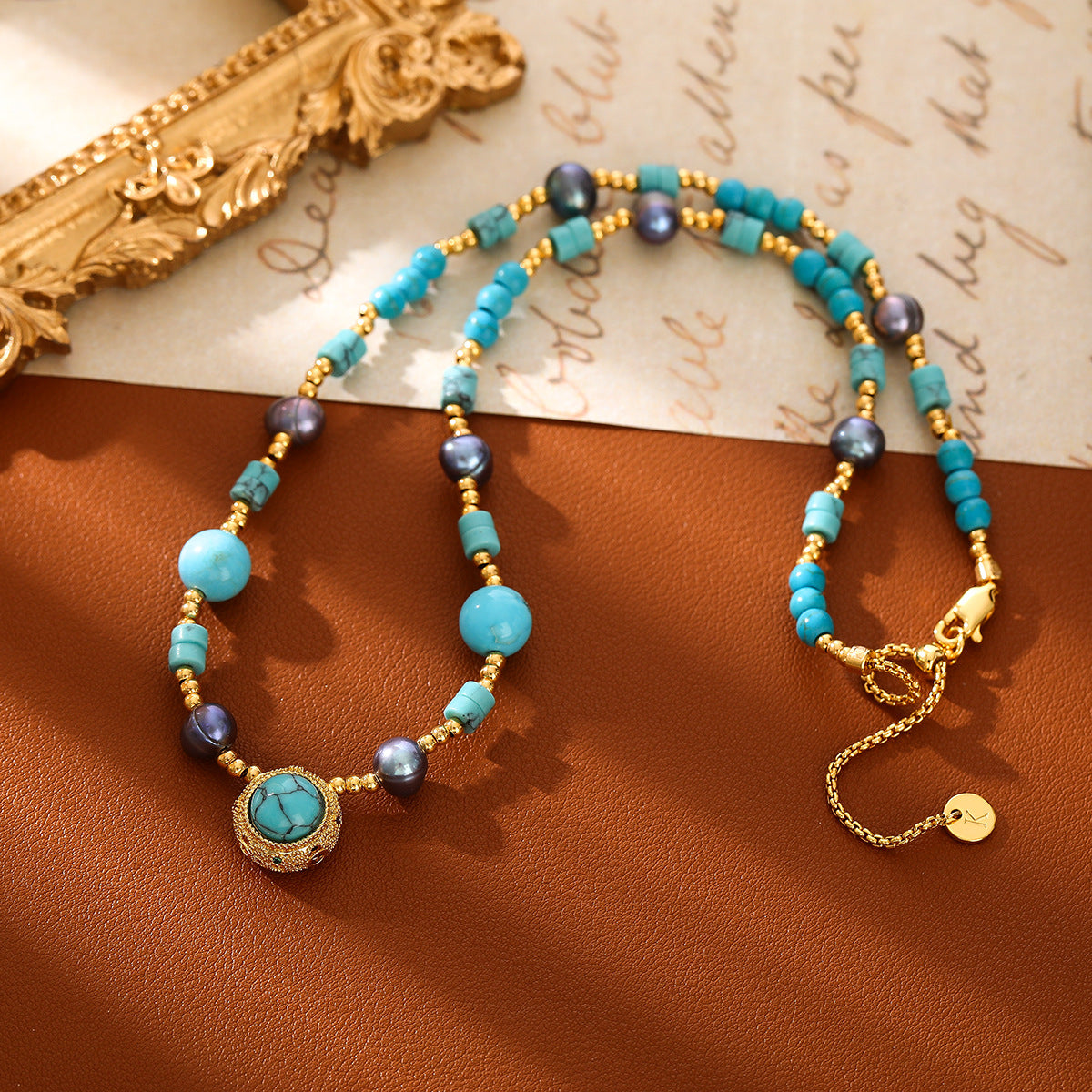 Wholesale Copper Electroplated Turquoise Rose Pearl Beaded Necklace and Bracelet Set,  Ethnic Style Fashion Accessory for Women