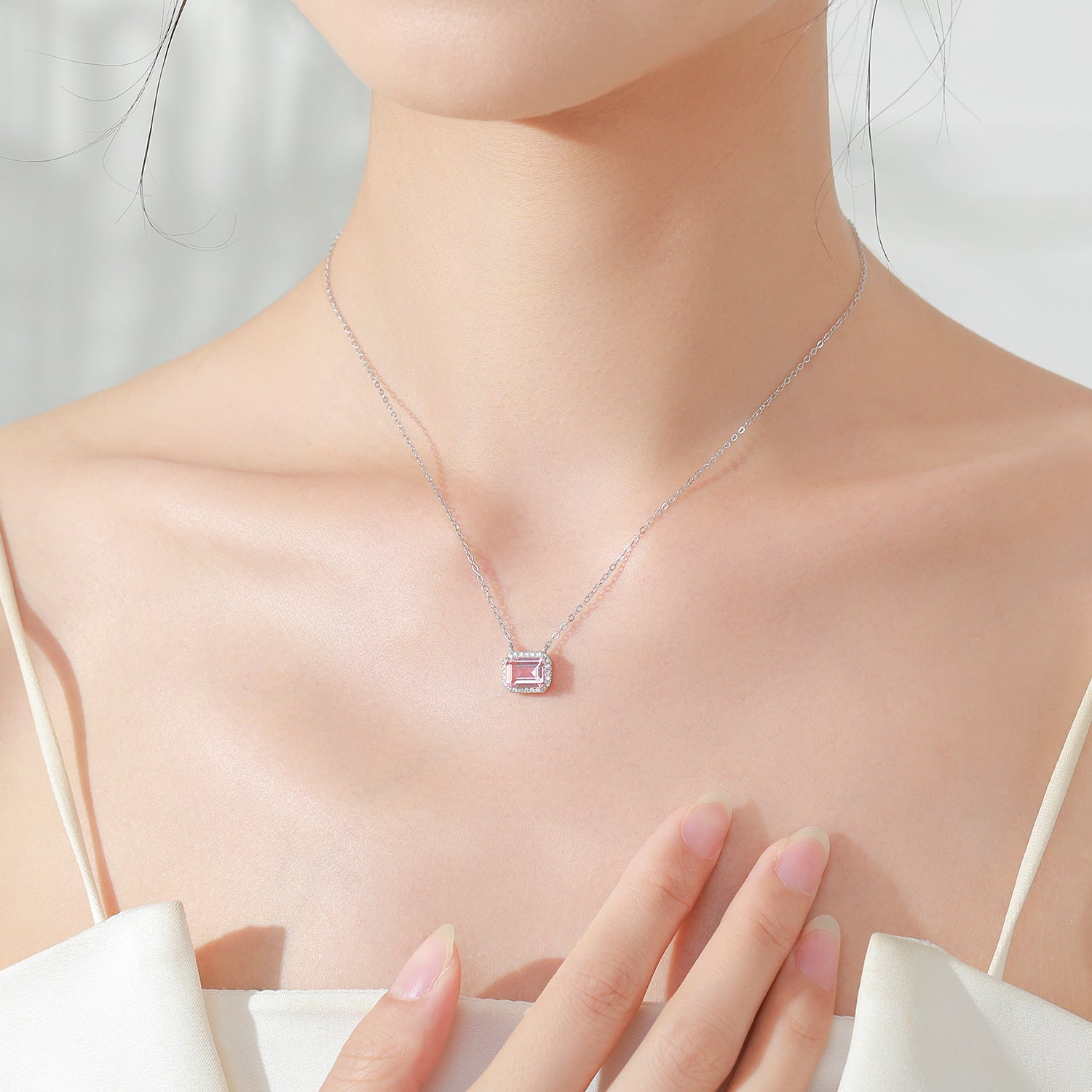 Wholesale S925 Sterling Silver Romantic Pink Small Square Sugar Earrings Necklaces