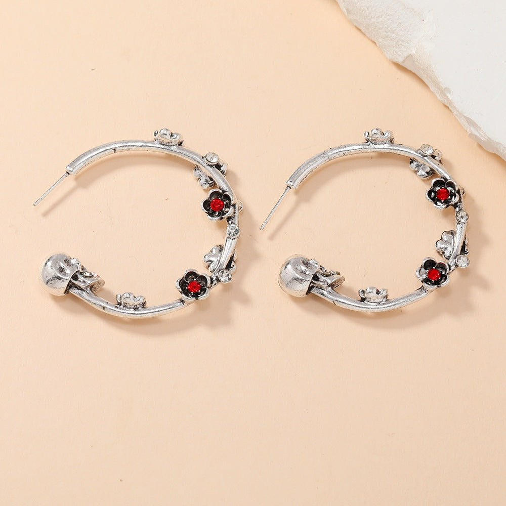 Wholesale Ancient Gold Alloy Skull Flower Hoop Earrings Electroplated Fashion Jewelry Accessory for Women Boutique Resale