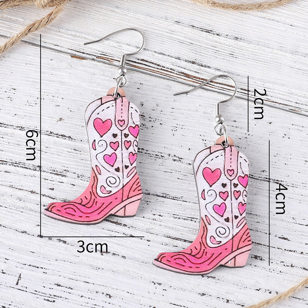 Wholesale Western Style Pink Love Tassel  Flower Leaf Cowboy Boots Pendant Wooden Double-Sided Earrings