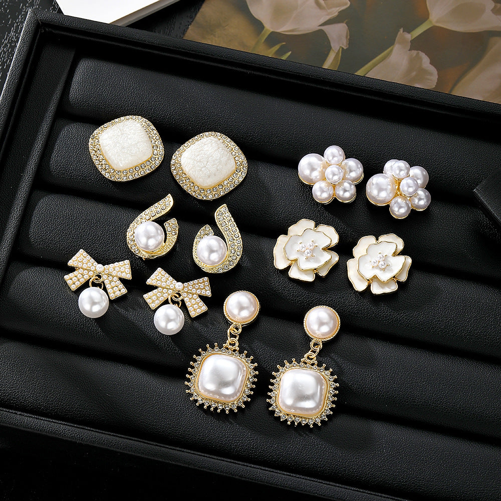 Wholesale Mixed Material Electroplated Pearl Earrings 6 Pair Set French Vintage Baroque Women S Fashion Jewelry