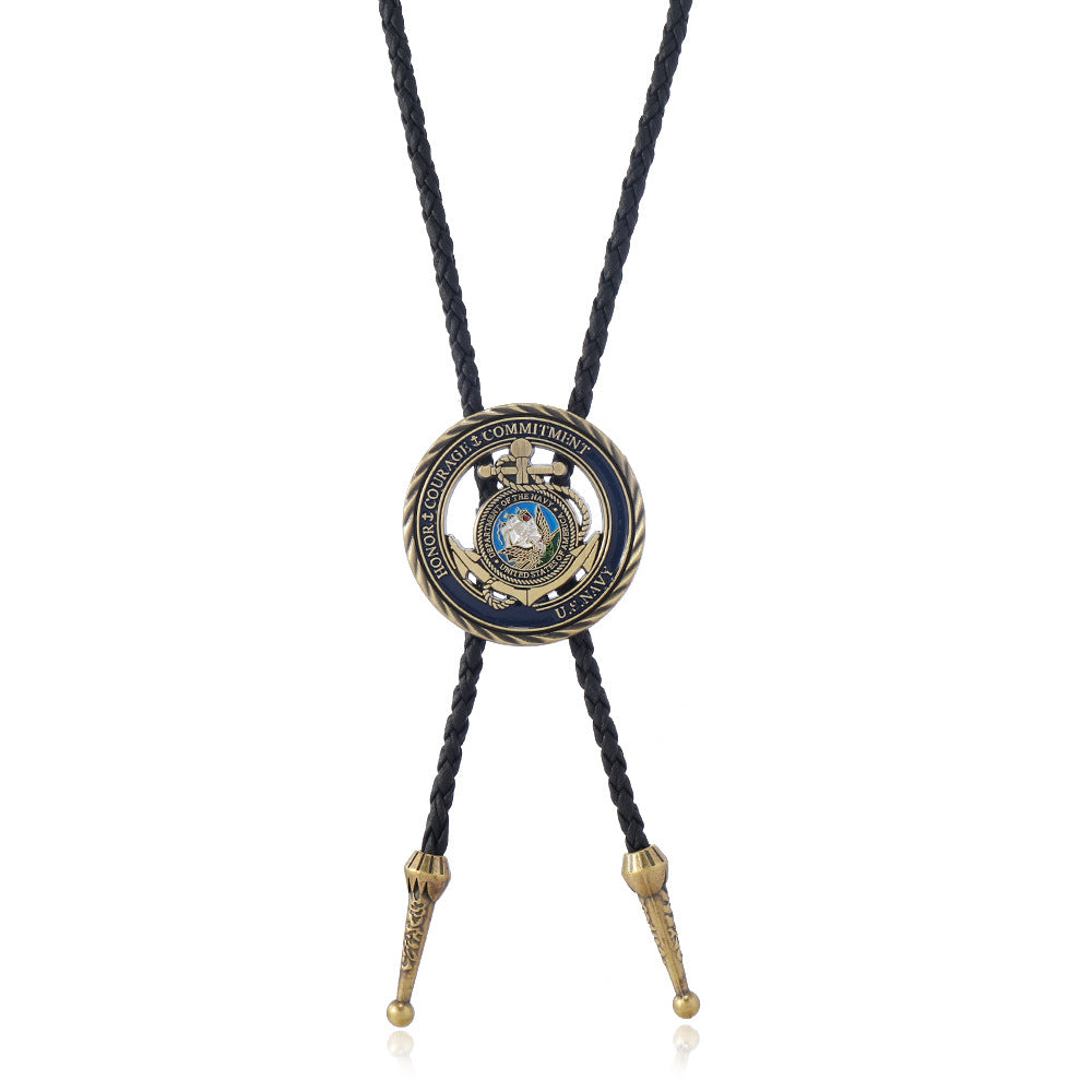 Wholesale Retro Navy Commemorative Coin Bolo Tie Necklace Punk Style Long Chain Bronze Pendant Fashion Accessory