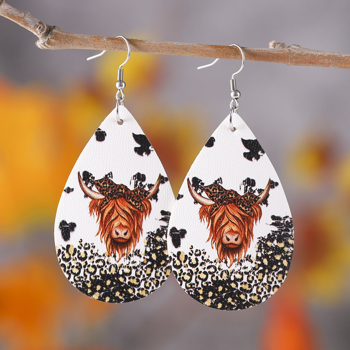 Wholesale Western Cowboy Leopard Print Cow Print Double-Sided PU Leather Earrings ACC-ES-ChuLian119
