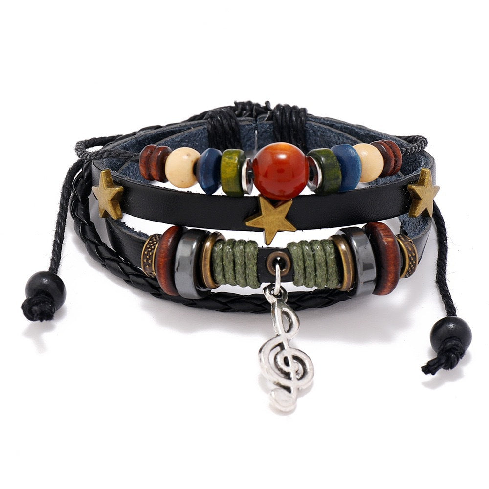 Wholesale Folk Style Woven Leather Bracelet with Beaded Charms,  Unisex Adjustable Jewelry Accessory