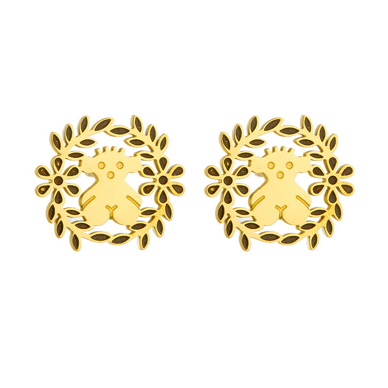 Wholesale Titanium Steel Bear 18k Gold Wreath Oil  Bear Women Necklace suit