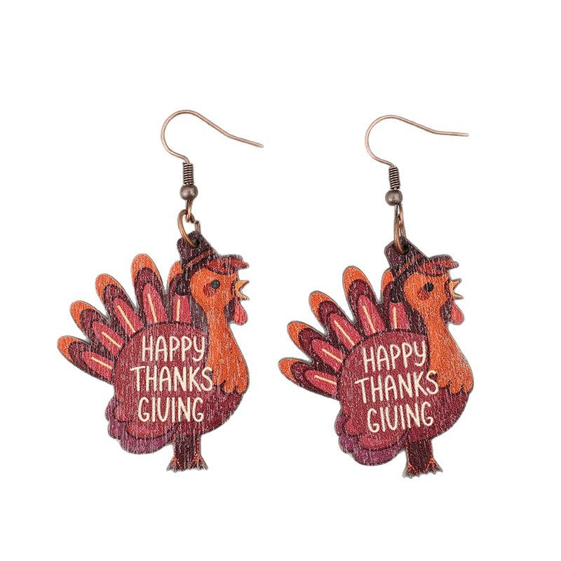 Wholesale Trendy Thanksgiving Turkey Wood Drop Earrings With Happy Thanksgiving Letter Print For Holiday Gift Party