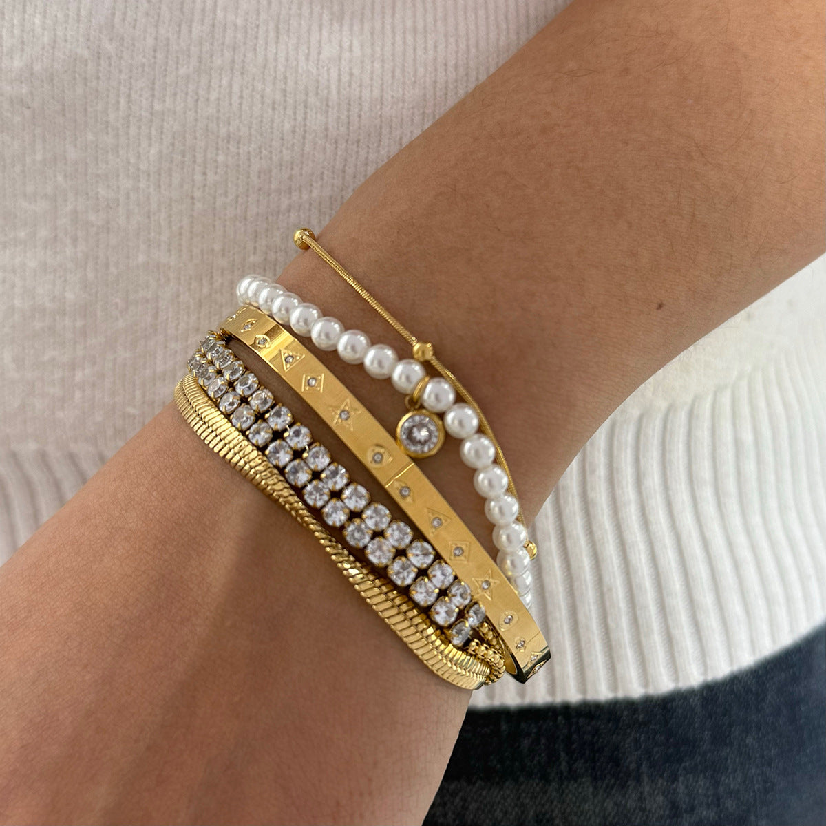 Wholesale Pearl Zircon Bracelet suit Stainless Steel Stowable Double-layer Bracelet