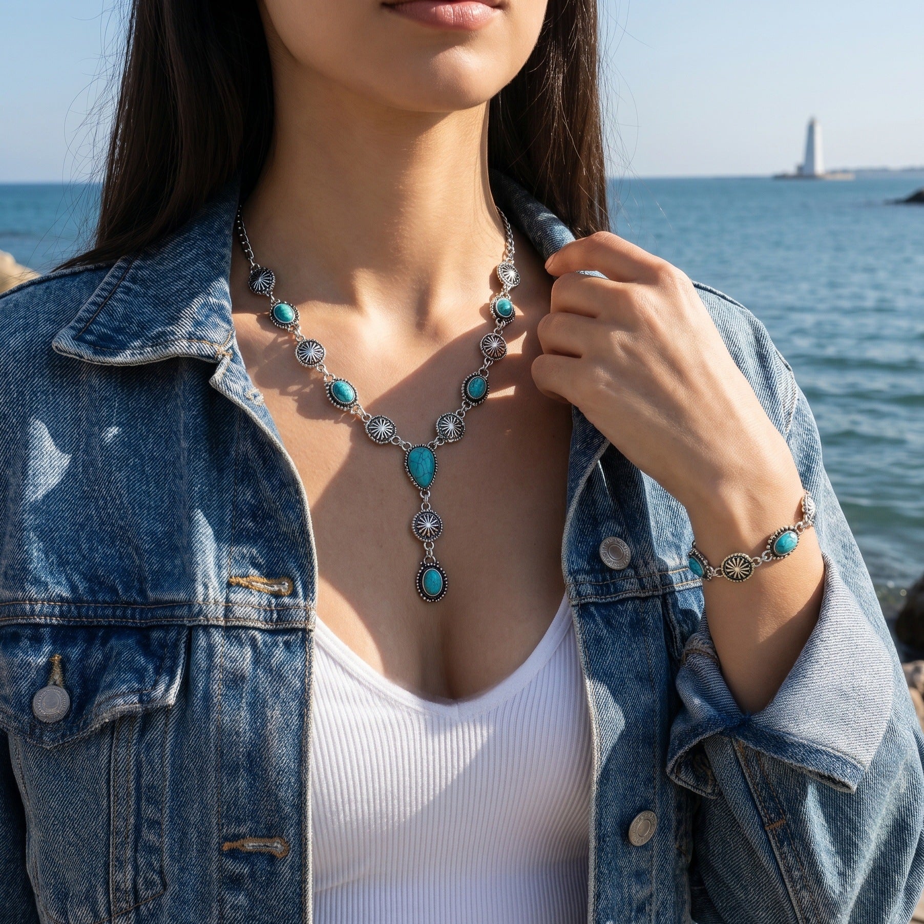 Wholesale Ethnic Turquoise Drop Y Shaped Necklace Vintage Carved Bracelet Jewelry Set Antique Silver Finish Fashion Gift For Resale