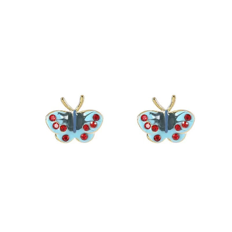 Wholesale drip glaze blue small butterfly diamond earrings