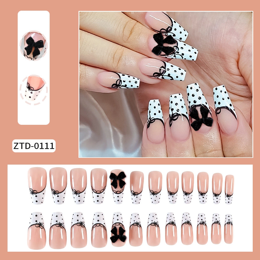 Wholesale 24Pcs Sweet 3D Bow Press On Nails Black White Spotted Nails Fashion Accessory