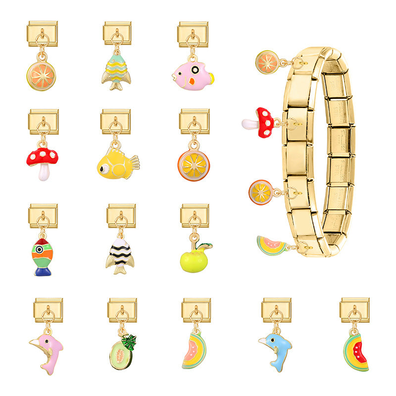 Wholesale 9mm Italian Charm Starter Bracelets DIY Fish and Fruit Pendant Stainless Steel Composable Bracelet