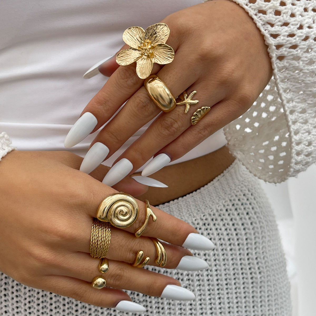 Wholesale Alloy Metal Flower Open Ring Set - Trendy Stackable Ocean Style Rings for Women Everyday Wear Gift