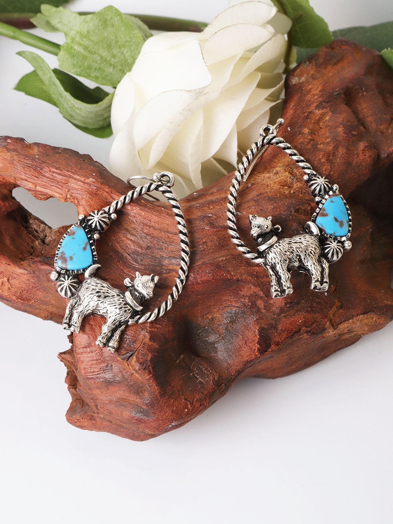 Wholesale Exaggerated Animal Retro Multi-color Turquoise Ancient Silver Earrings ACC-ES-Xilu005