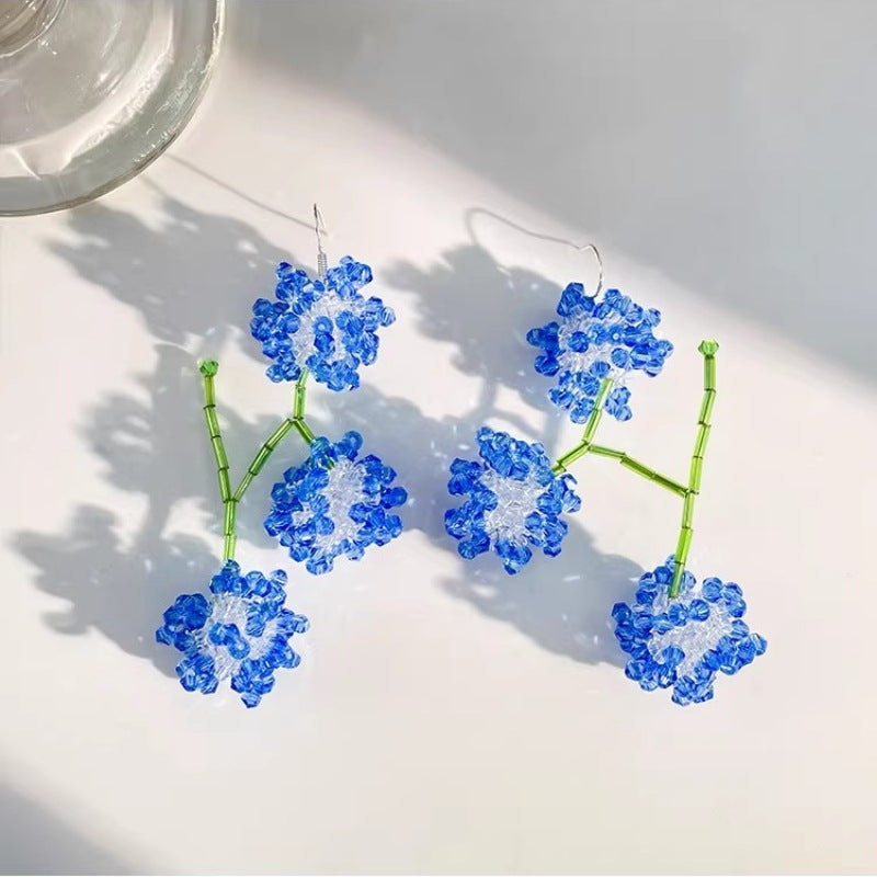 Wholesale Blue Beaded Flower Long Tassel Earrings