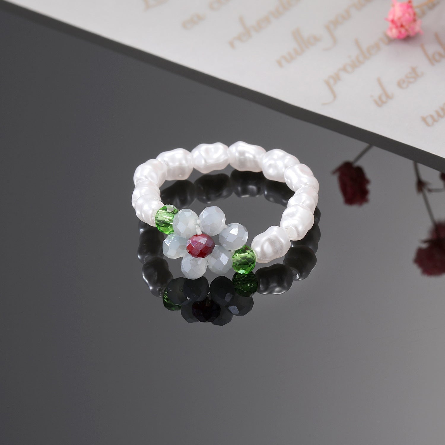 Wholesale Korean Style Flower Beaded Ring Resin Elastic Ring For Women Fashion Jewelry Accessory Boutique Resale