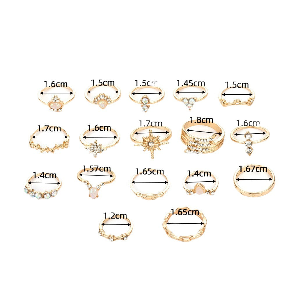 Wholesale  Bohemian Style Sun Star Crown Diamond 17-Piece Ring Set