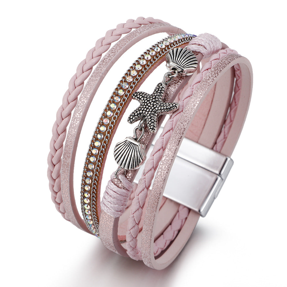 Wholesale Woven Artificial Leather Starfish Shell Bracelet Women S Bohemian Jewelry Accessory