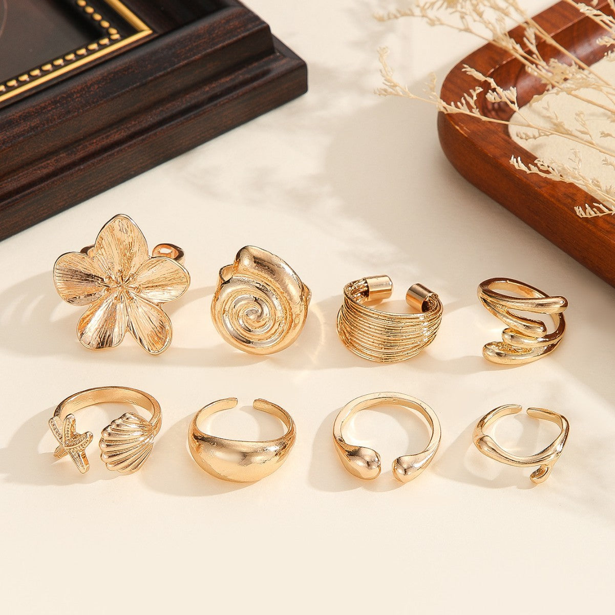 Wholesale 8Pc Gold Floral Women S Rings Set French Chic Zinc Alloy Fashion Jewelry