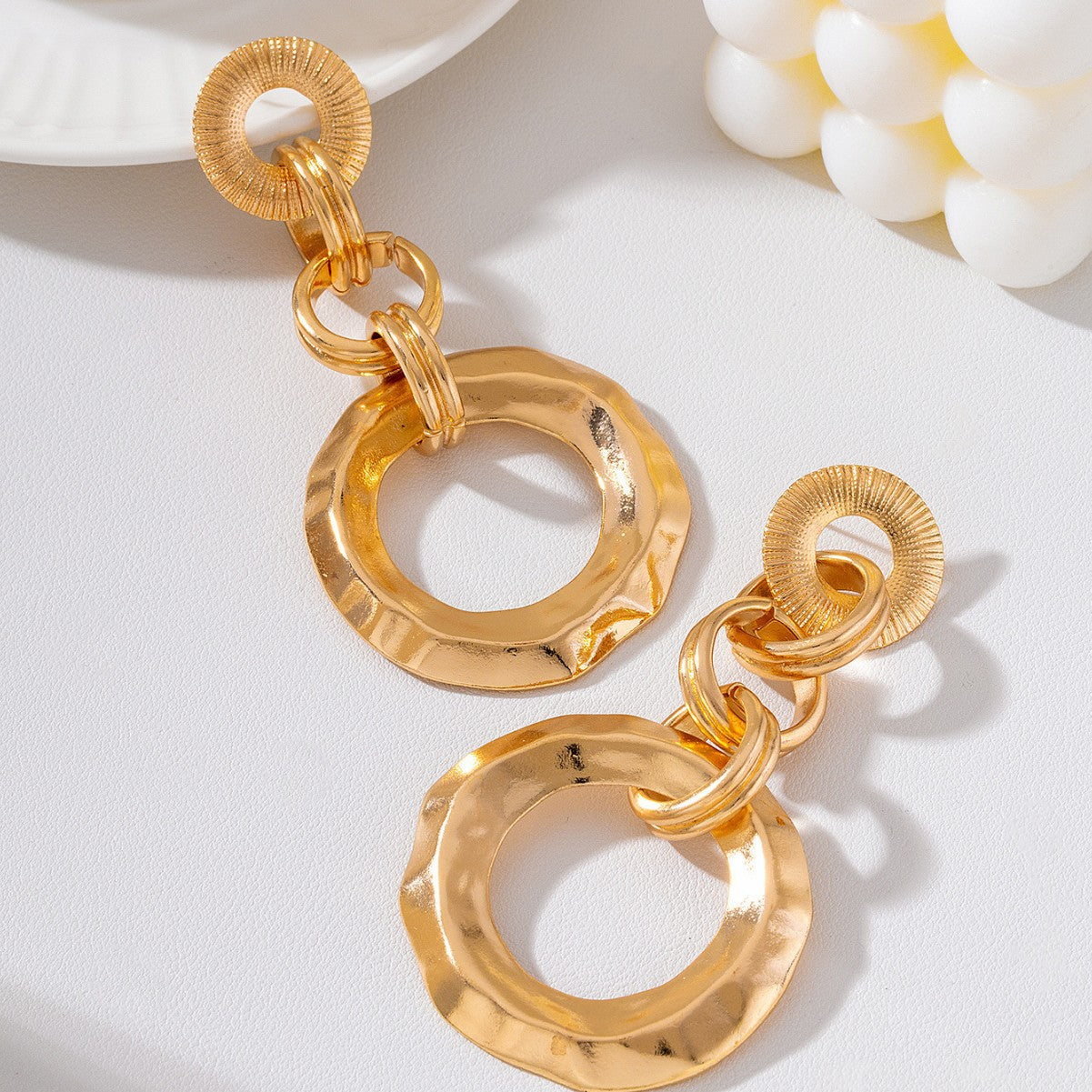 Wholesale Exaggerated Linked Pleated Ring Long Dangle Earrings Gold Plated Party Jewelry Accessory