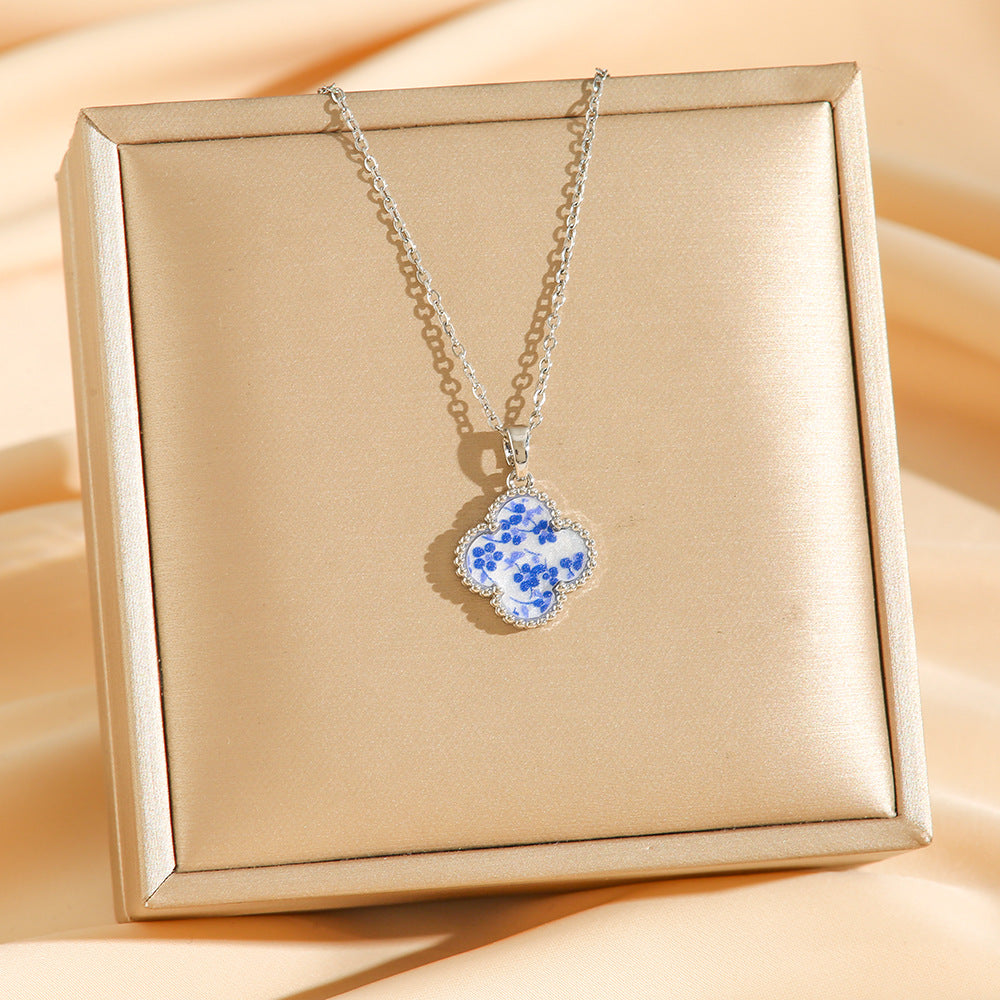 Wholesale Titanium Steel Blue White Porcelain Four-Leaf Clover Necklace Fashion Accessory