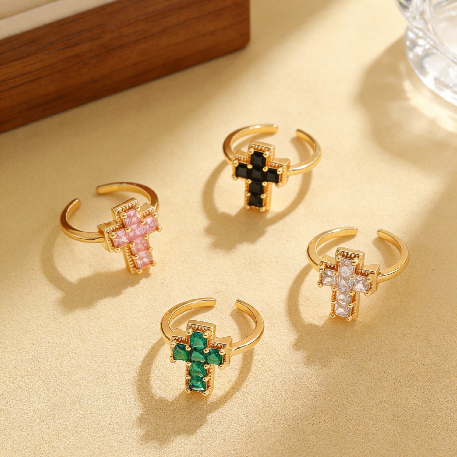 Wholesale Copper-plated open adjustable ring with colorful cubic zirconia cross design