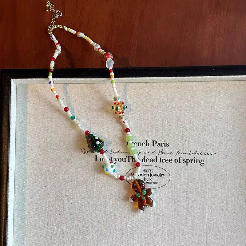 Wholesale Dopamine Christmas color beaded gingerbread man bracelet necklace ring