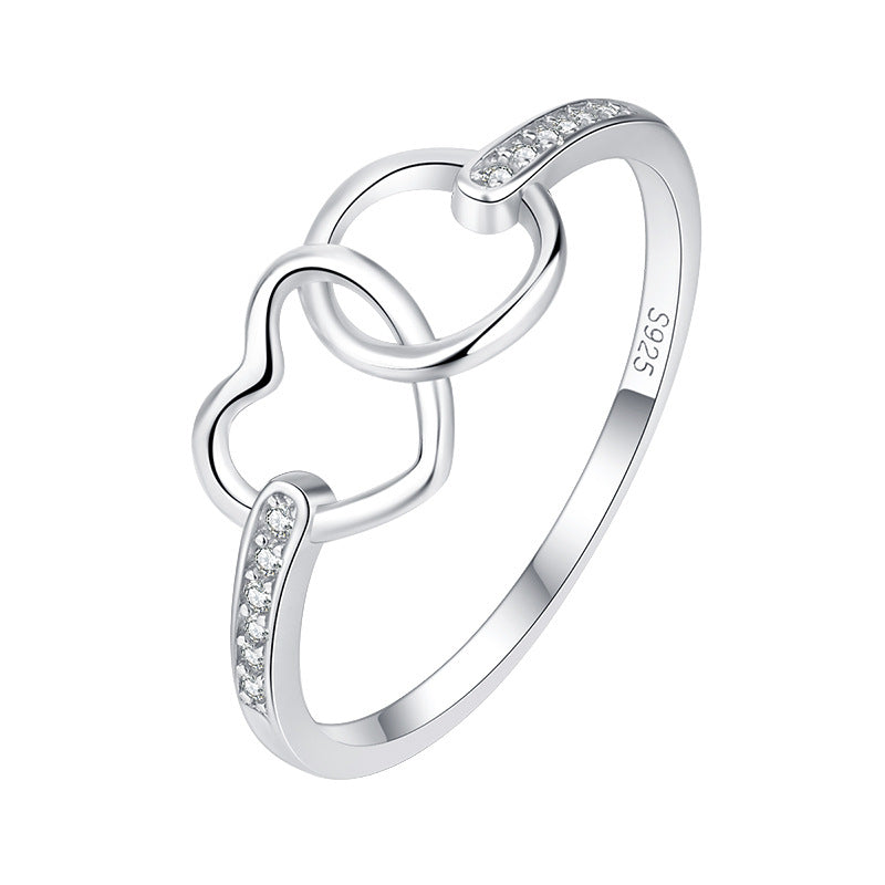Wholesale s925 sterling silver Diamond-embedded double heart hollow ring
