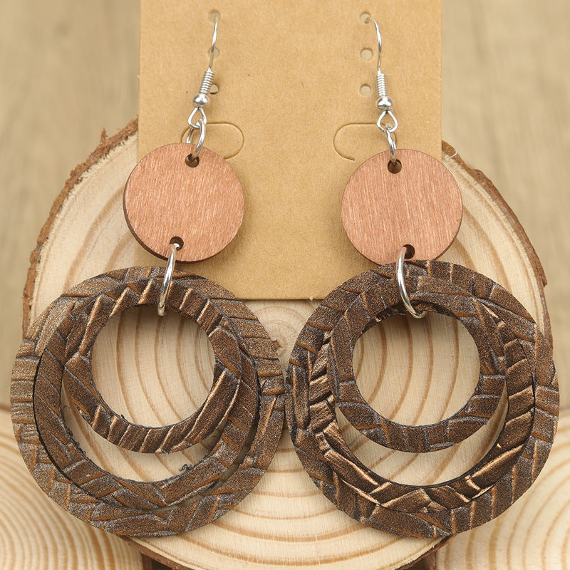 Wholesale Bohemian Style Multi-Layered Leather Ring Retro Splicing Small Wood  Earrings