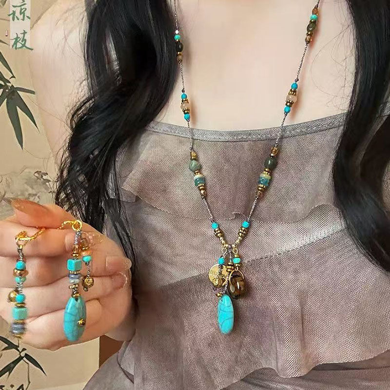 Wholesale Turquoise Beaded Pendant Necklace,  Vintage Chinese-Style Long Ethnic Sweater Chain,  Boutique Resale Jewelry