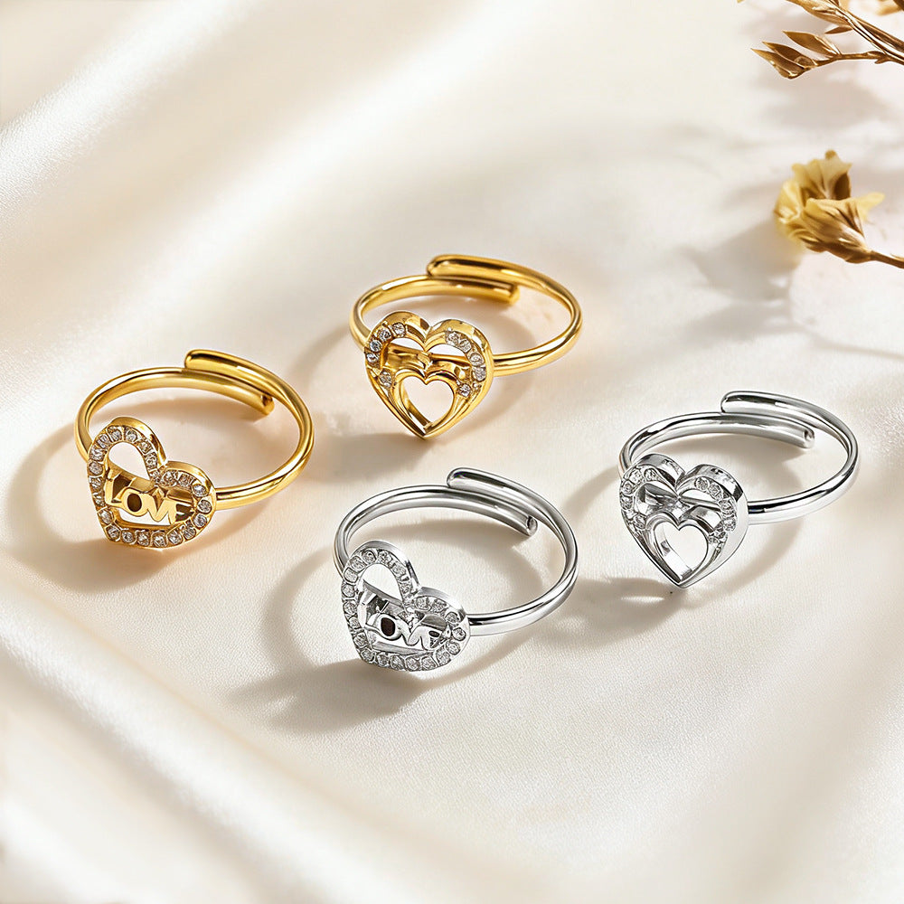 Wholesale 2PCS Titanium steel heart-shaped zircon open ring