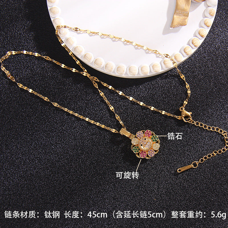 Wholesale rotating flower necklace zircon pendant titanium steel clavicle chain ACC-NE-Rongc001