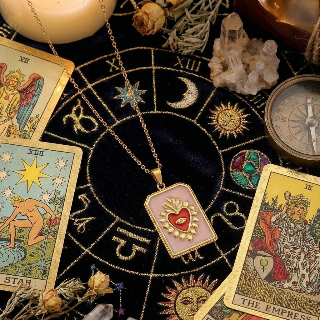 Wholesale stainless steel tarot deck dripping oil  heart-shaped necklace