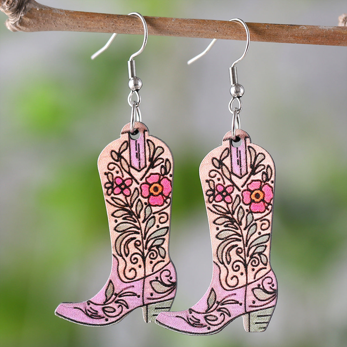 Wholesale Western Style Pink Heart Tassel Cowboy Boots Wood Double-Sided Earrings ACC-ES-ChuLian076