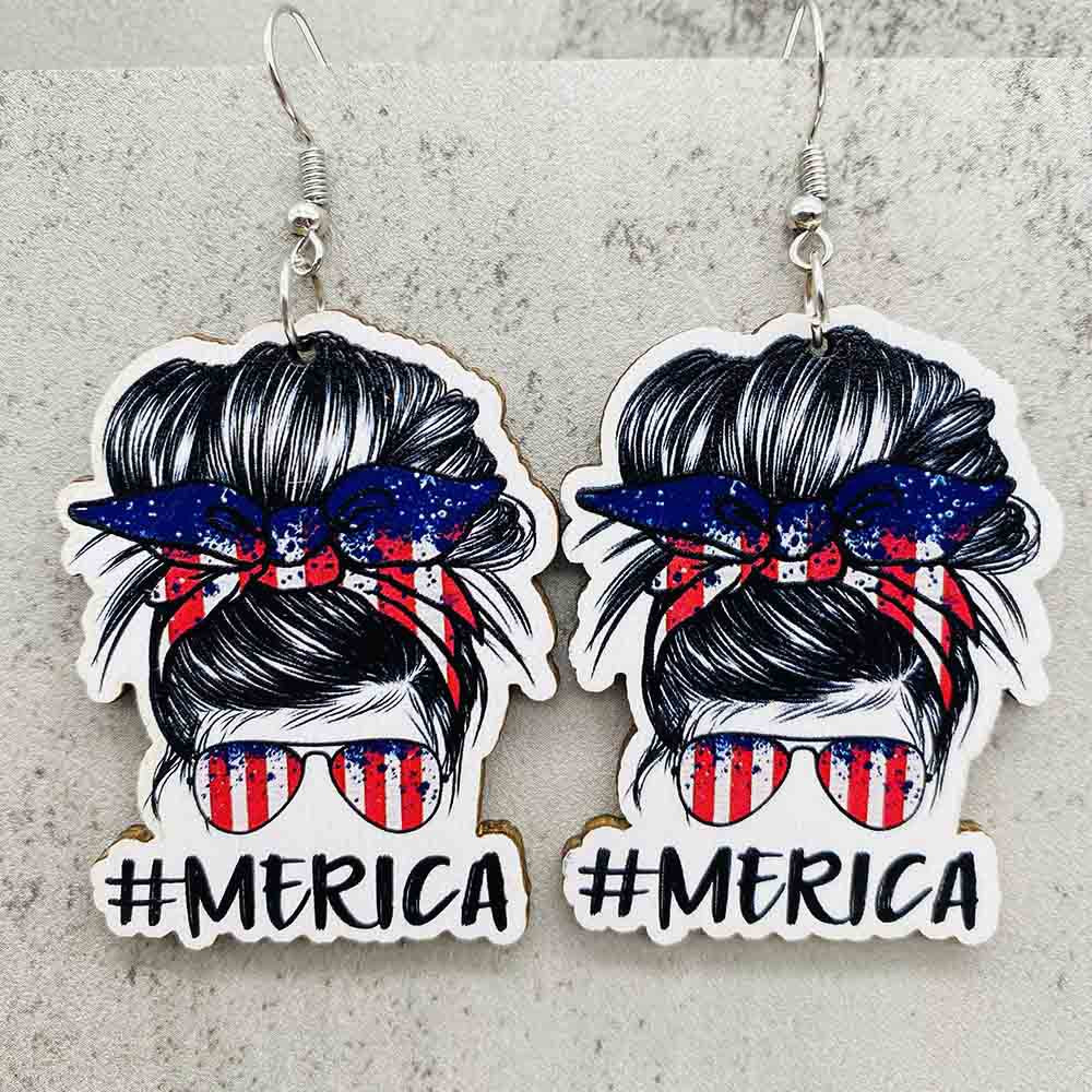 Wholesale American Independence Day Five Pointed Star Wooden Earrings ACC-ES-CY020