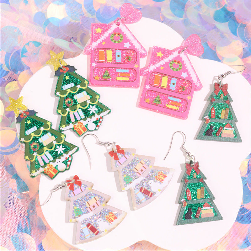 Wholesale  Christmas Glitter Bookshelf Christmas Tree Earrings
