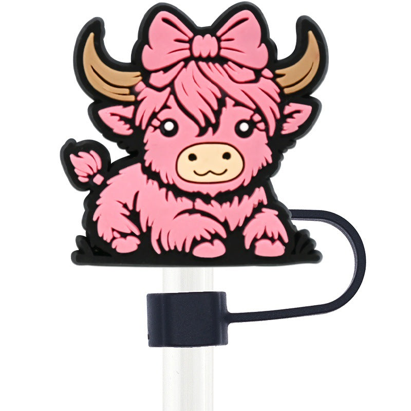 Wholesale Random 100pcs Cartoon Highland Cow  10mm PVC Soft Straw Tube Cap