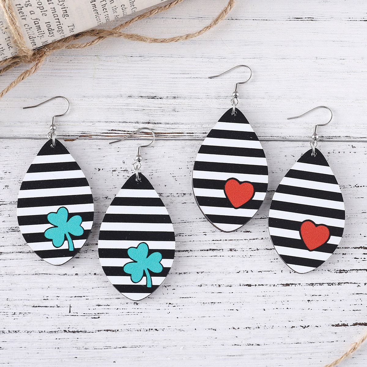 Wholesale Wooden St.  Patrick' s Day green clover heart zebra print earrings