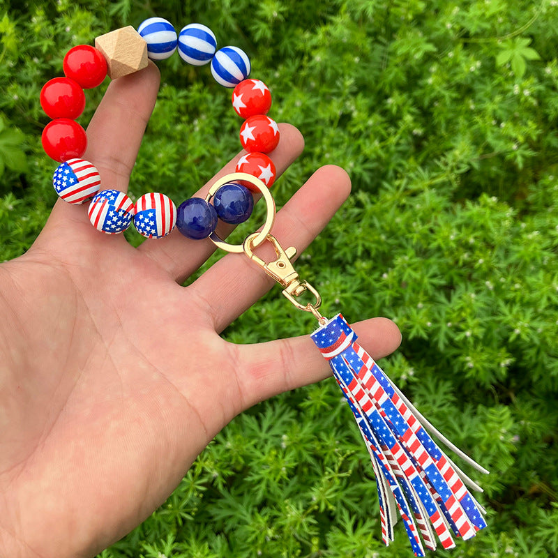Wholesale American Independence Day Wooden Beads Tassel Wristlet Keychain ACC-KC-QiuXue013