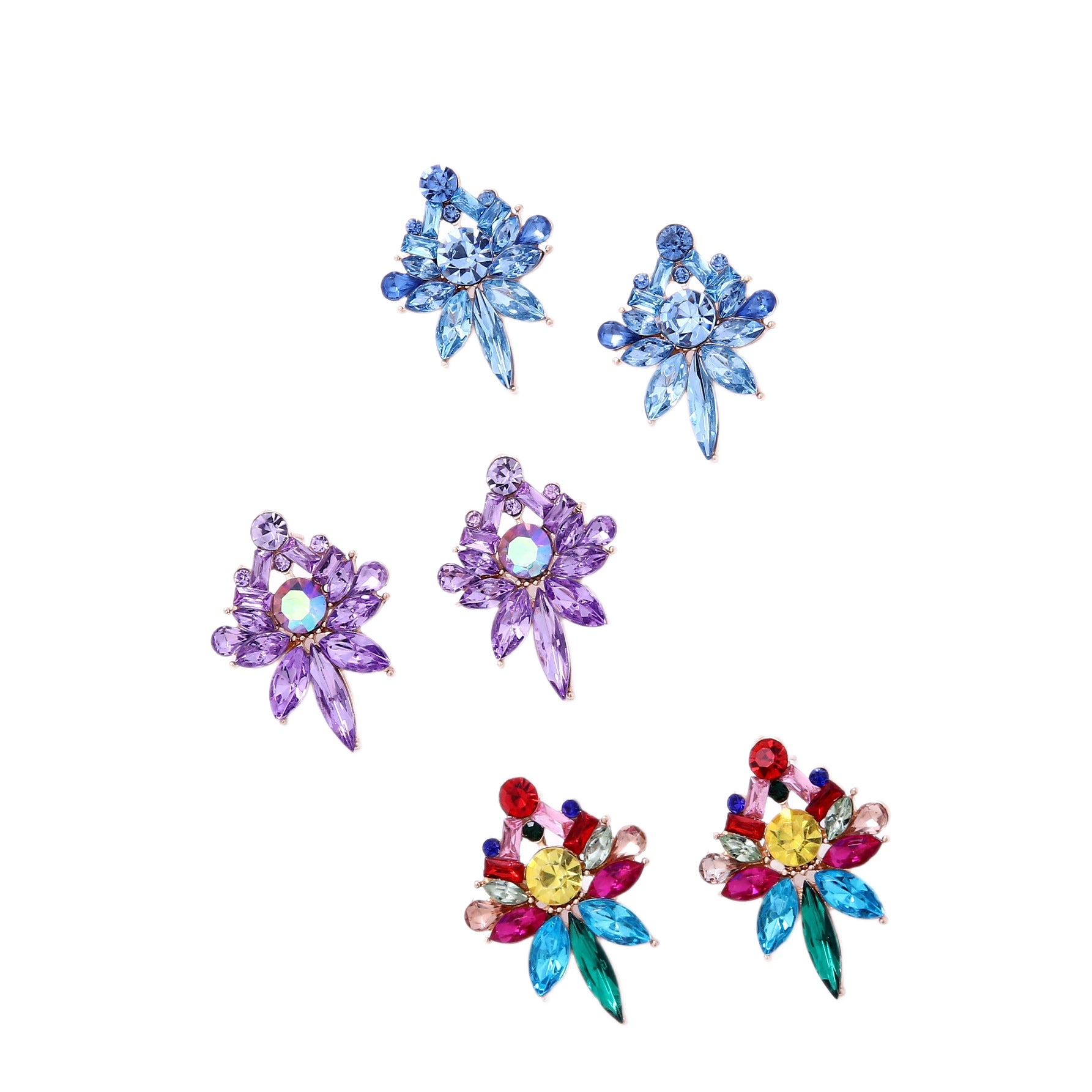 Wholesale European and American Style Colorful Flower Earrings,  Exaggerated Marquise Zircon Earrings,  Niche Design Light Luxury Ear Accessories