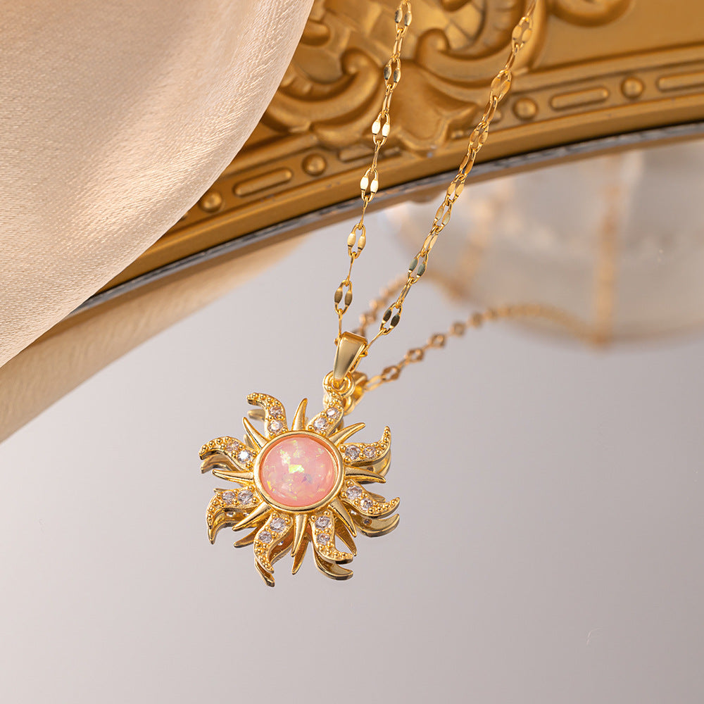 Wholesale  Titanium Steel Necklace Micro Zircon Rainflower Stone Pendant  Clavicle Chain