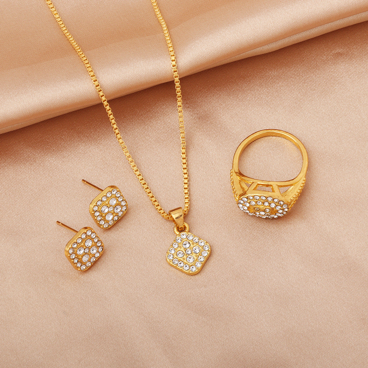 Wholesale  square zircon necklace ring  earrings  three-piece set  jewelry set