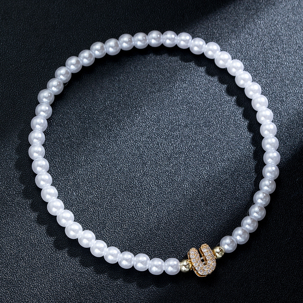 Wholesale Brass inlaid zirconium letter pearl beaded elastic anklet