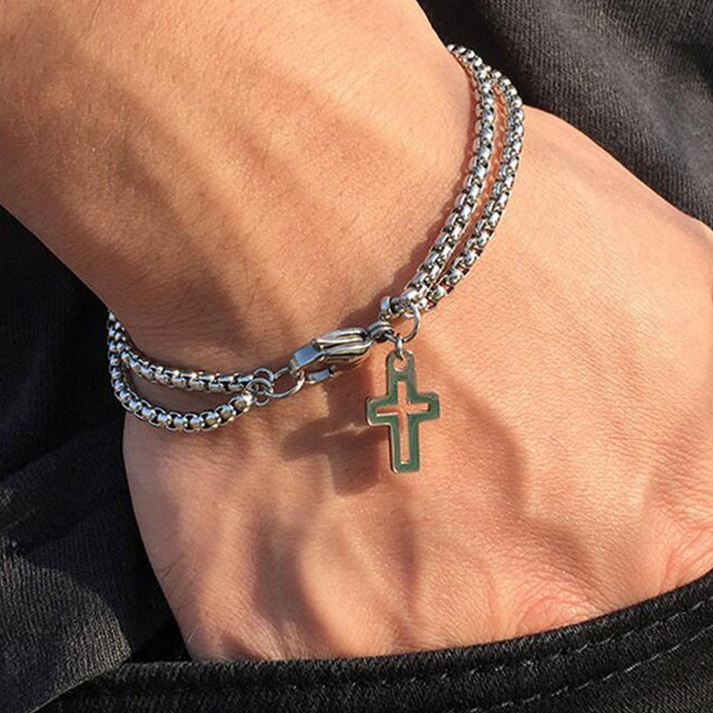 Wholesale Stylish Stainless Steel Cross Hollow Double Chain Bracelet For Men Unisex Geometric Electroplated Design Boutique Resale