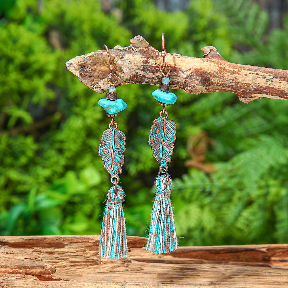 Wholesale Vintage Leaf Pendant Tassel Earrings Alloy Hollow Carved Fashion Jewelry