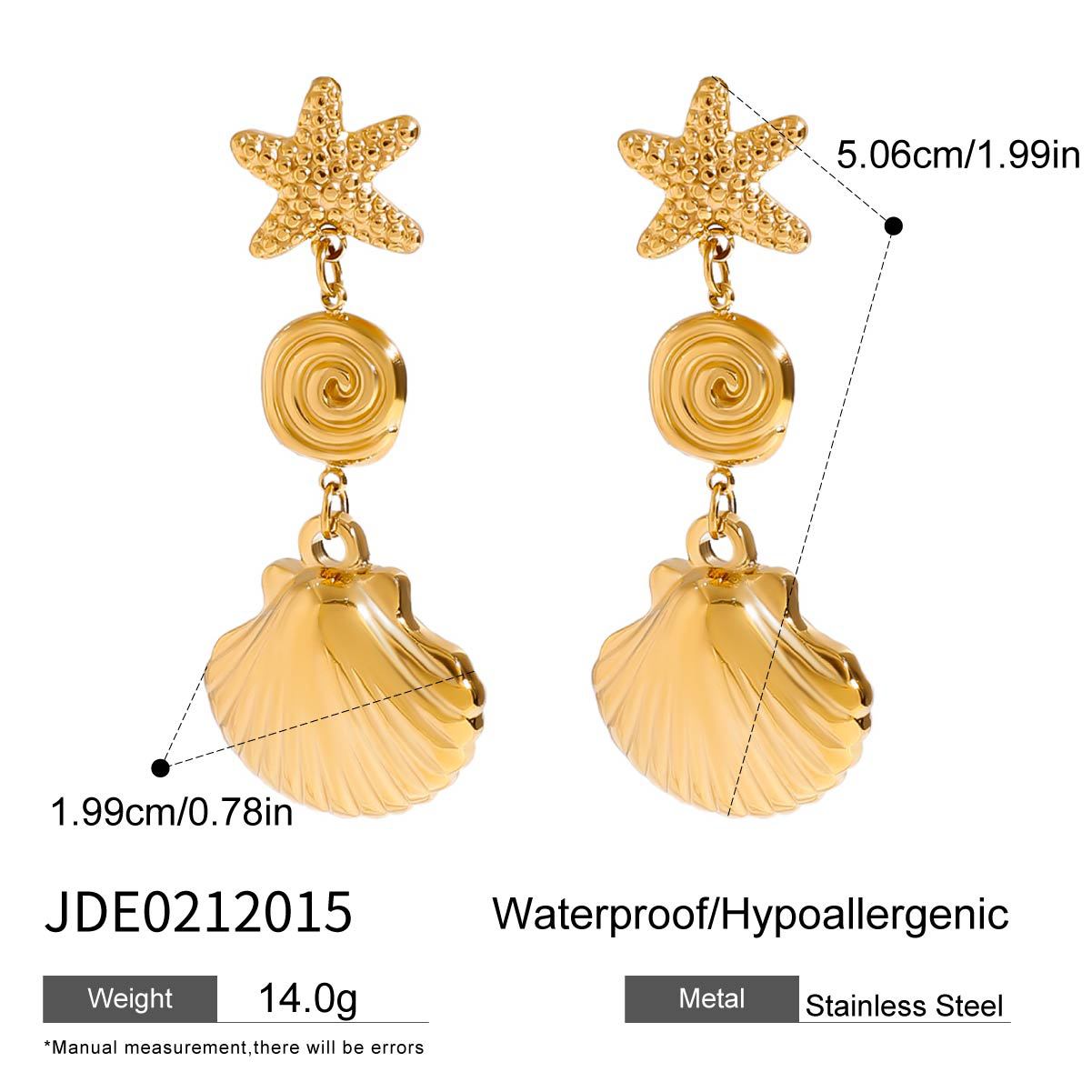 Wholesale 18K gold stainless steel ocean wind starfish shell pendant earrings