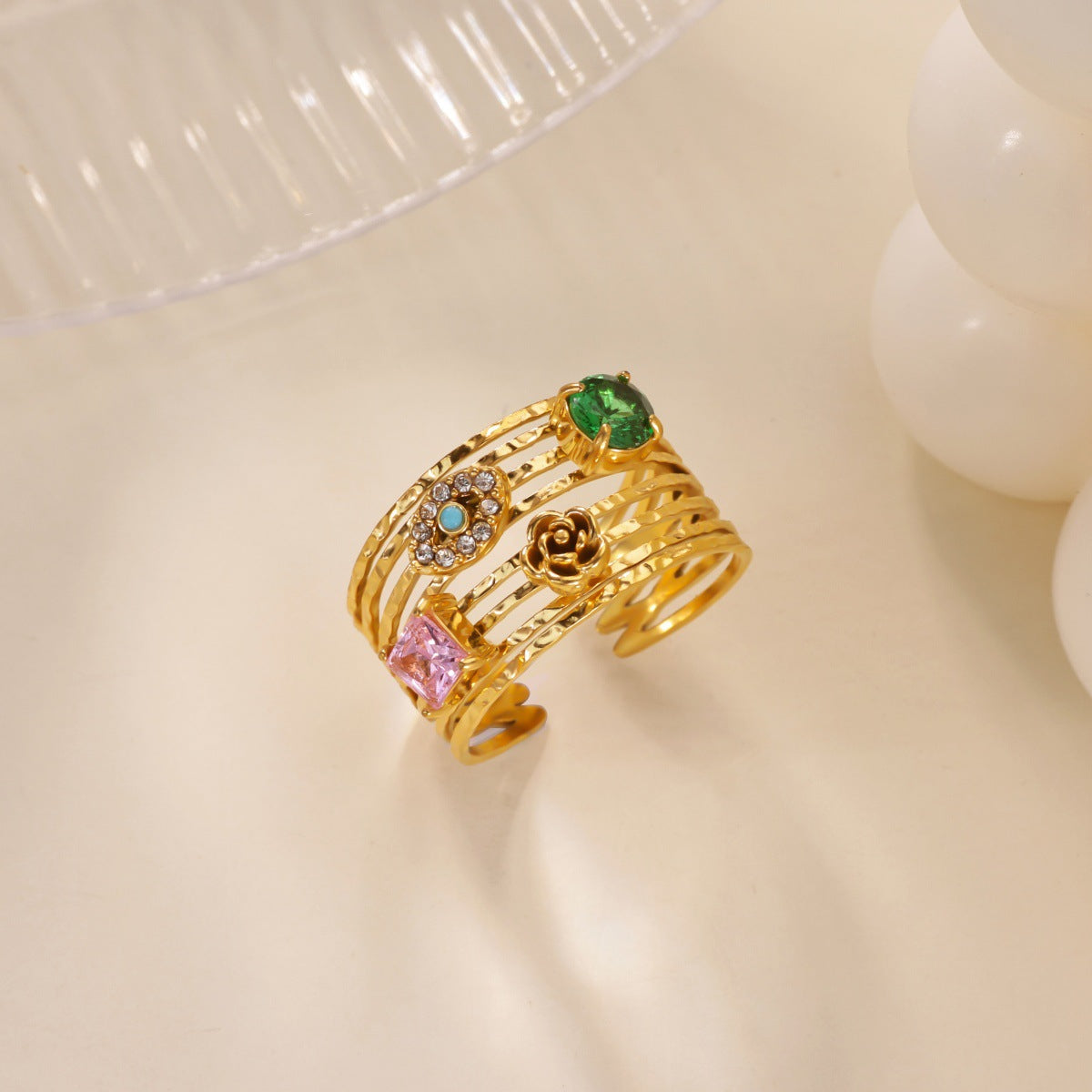 Wholesale Gold Plated Heart Shape Open Ring with Multicolor Zircon - Boutique Resale Jewelry Accessory