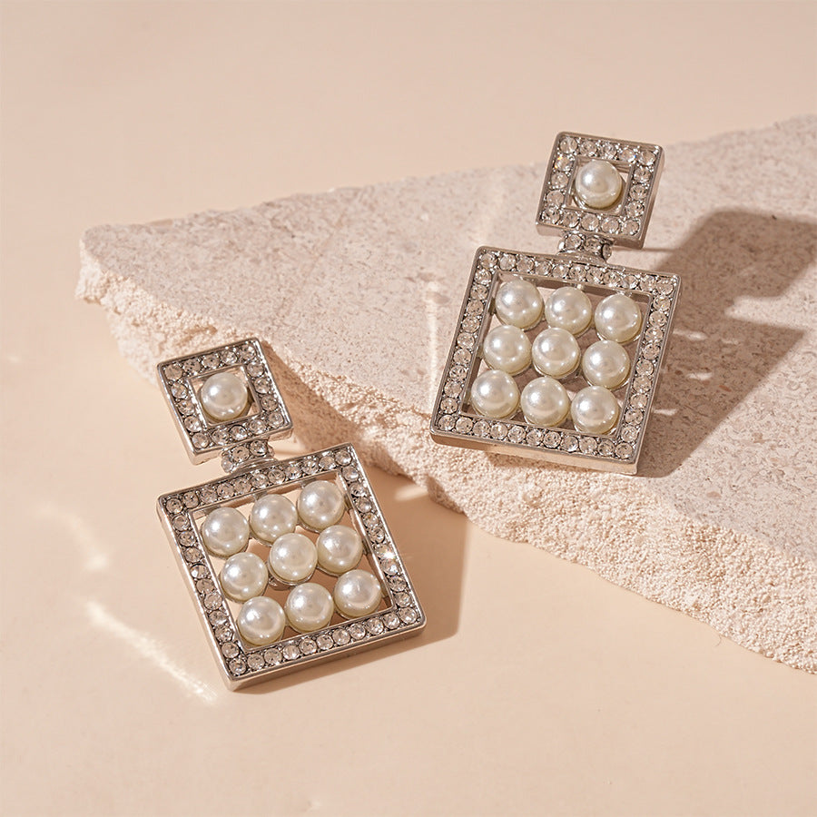 Wholesale Diamond Pearl Hollow Geometric Square Silver Needle Earrings