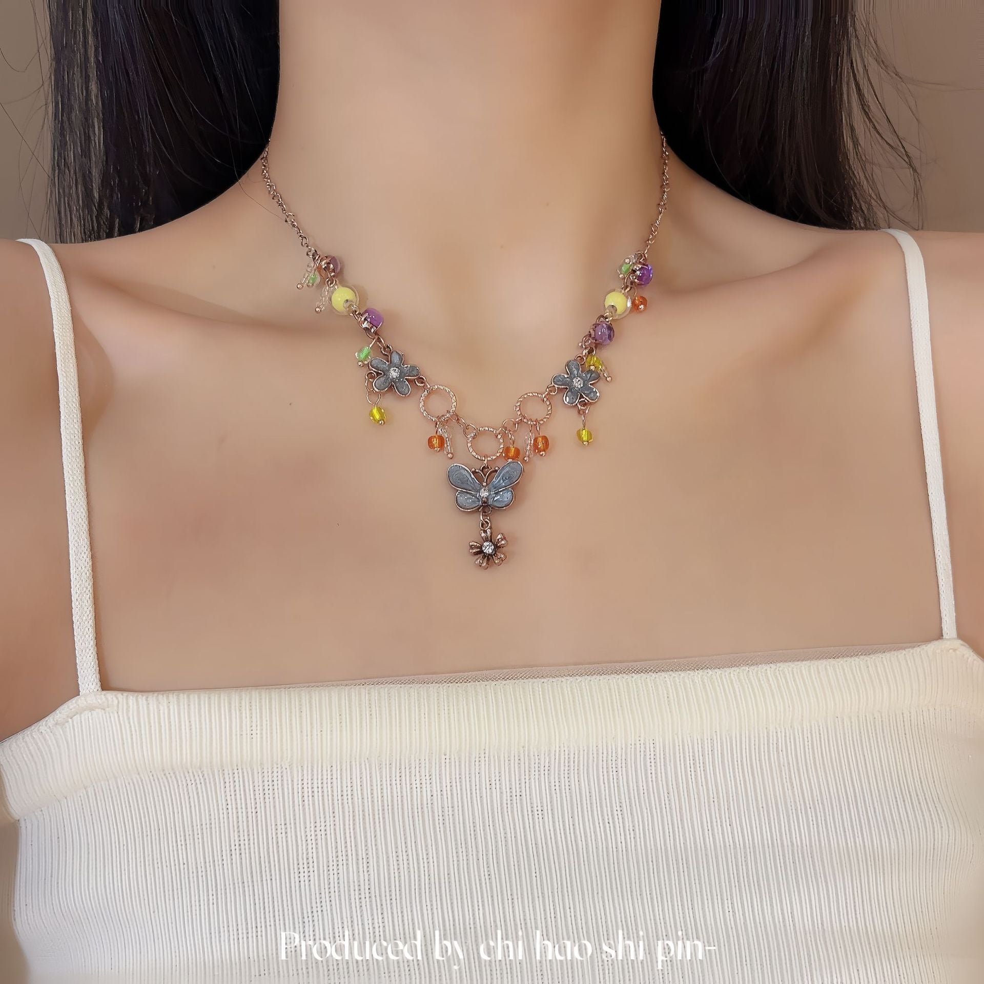 Wholesale  Retro Dopamine Butterfly Beaded Necklace