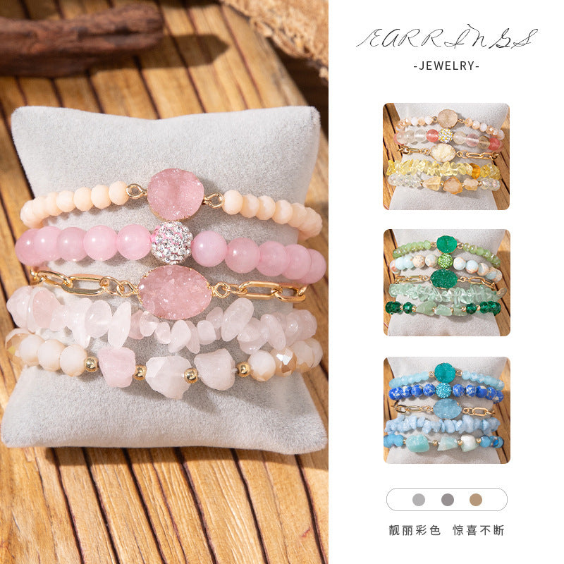 Wholesale 5pcs/set Crushed Rose Quartz Bohemian Beaded Bracelet Set