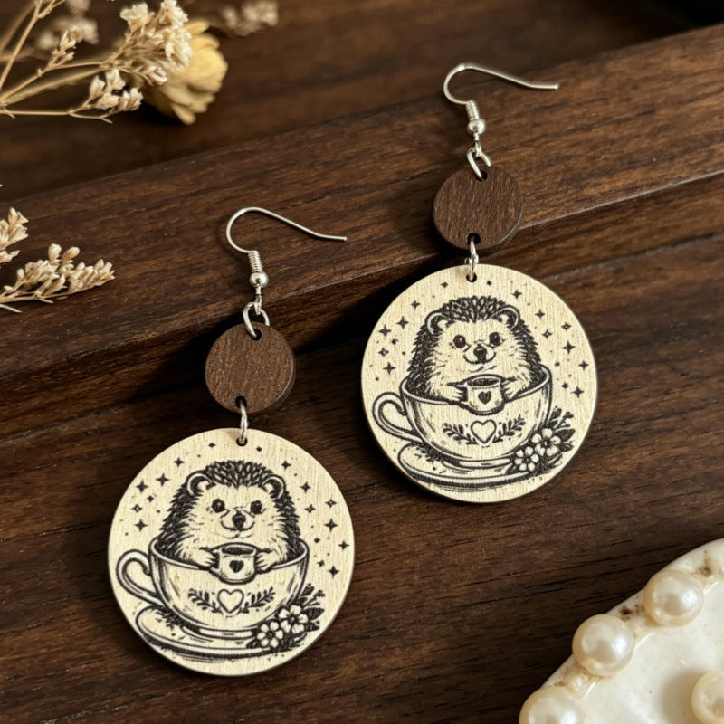 Wholesale Wooden Retro Earrings,  Hedgehog Star Print,  Fashion Accessory for Everyday Wear